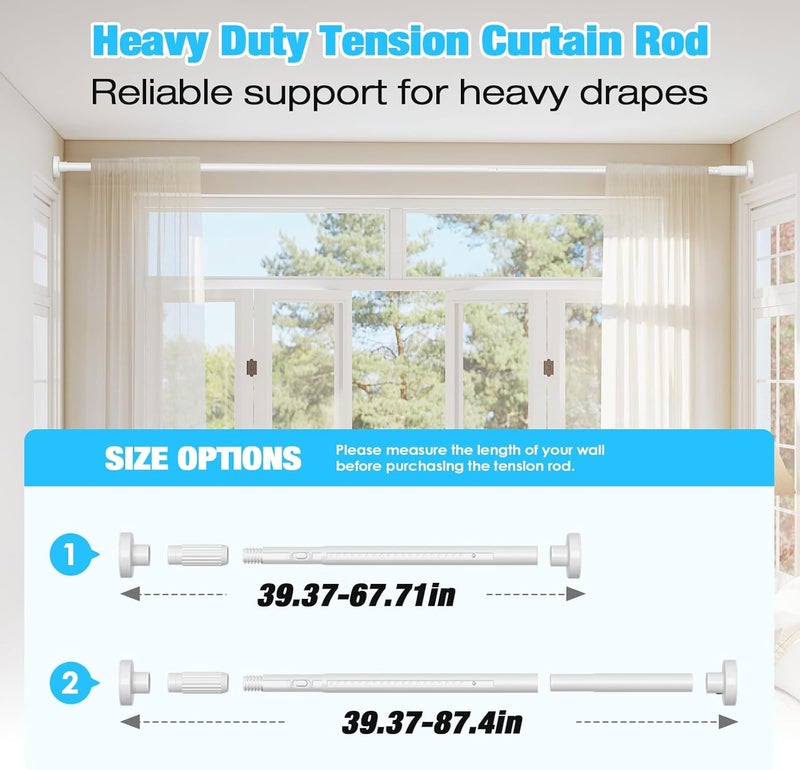 MEXAU White Tension Curtain Rods 41-87 In Extra Long Outdoor Patio Curtain Rods No Drilling Adjustable Heavy Duty Tension Rods for Windows Bathroom Living Room Curtains, Rod Diameter 1.26In - Image 4